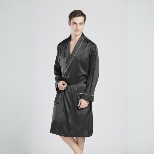 Mens Black Silk Dressing Gown