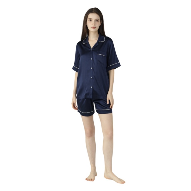 Womens Silk Short Pyjamas Set Navy