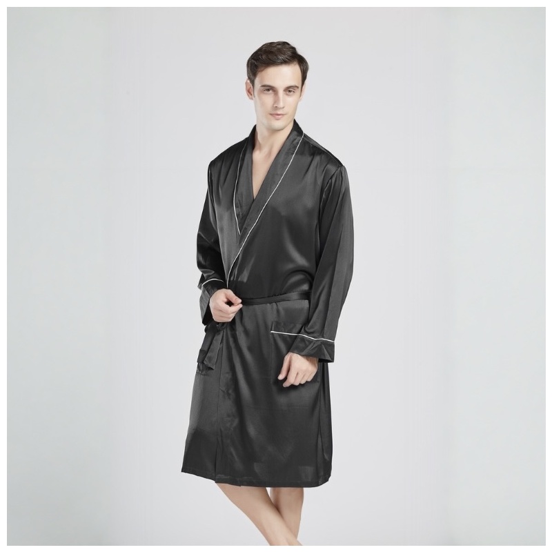 Mens Black Silk Dressing Gown