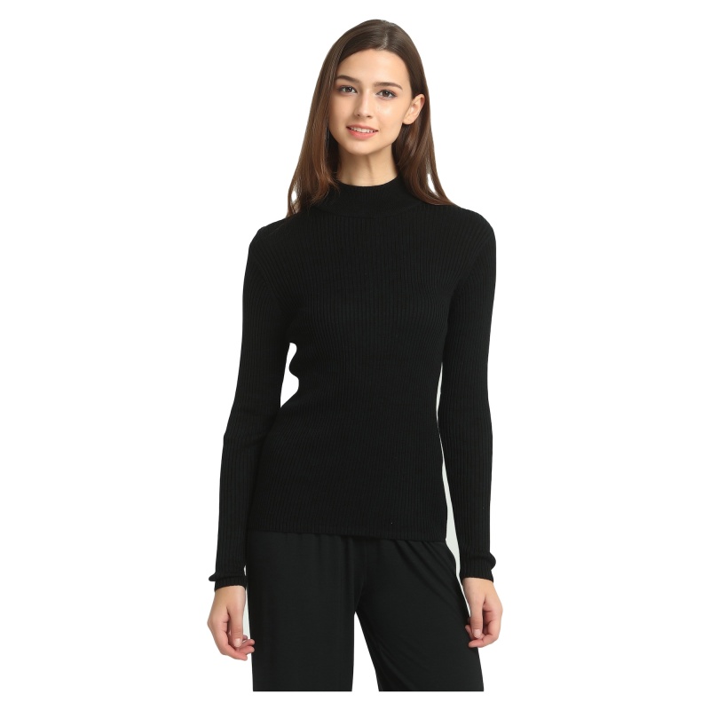 Ladies Silk Ribbed Turtle Neck Top - Black