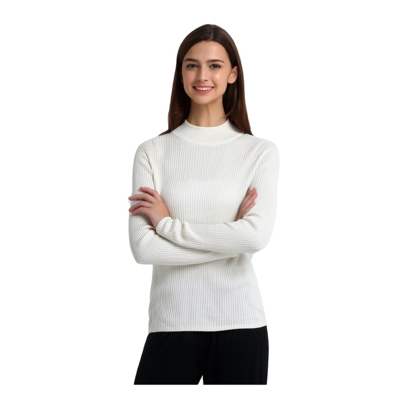 Ladies Silk Ribbed Turtle Neck Top - Ivory