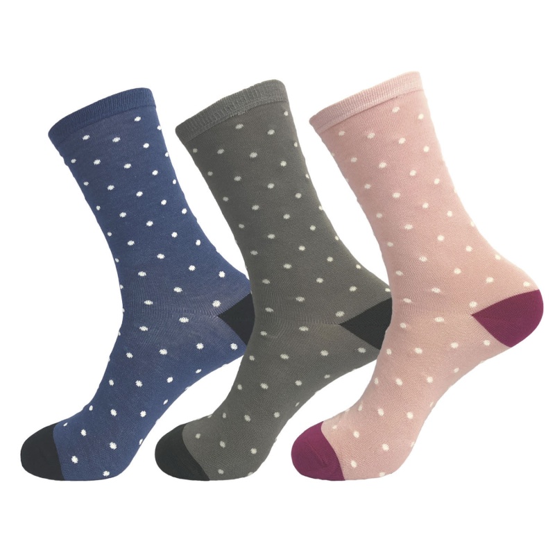 3 Pairs of Ladies Supersoft Pure Bamboo Socks - Blue Grey Pink with White Spot